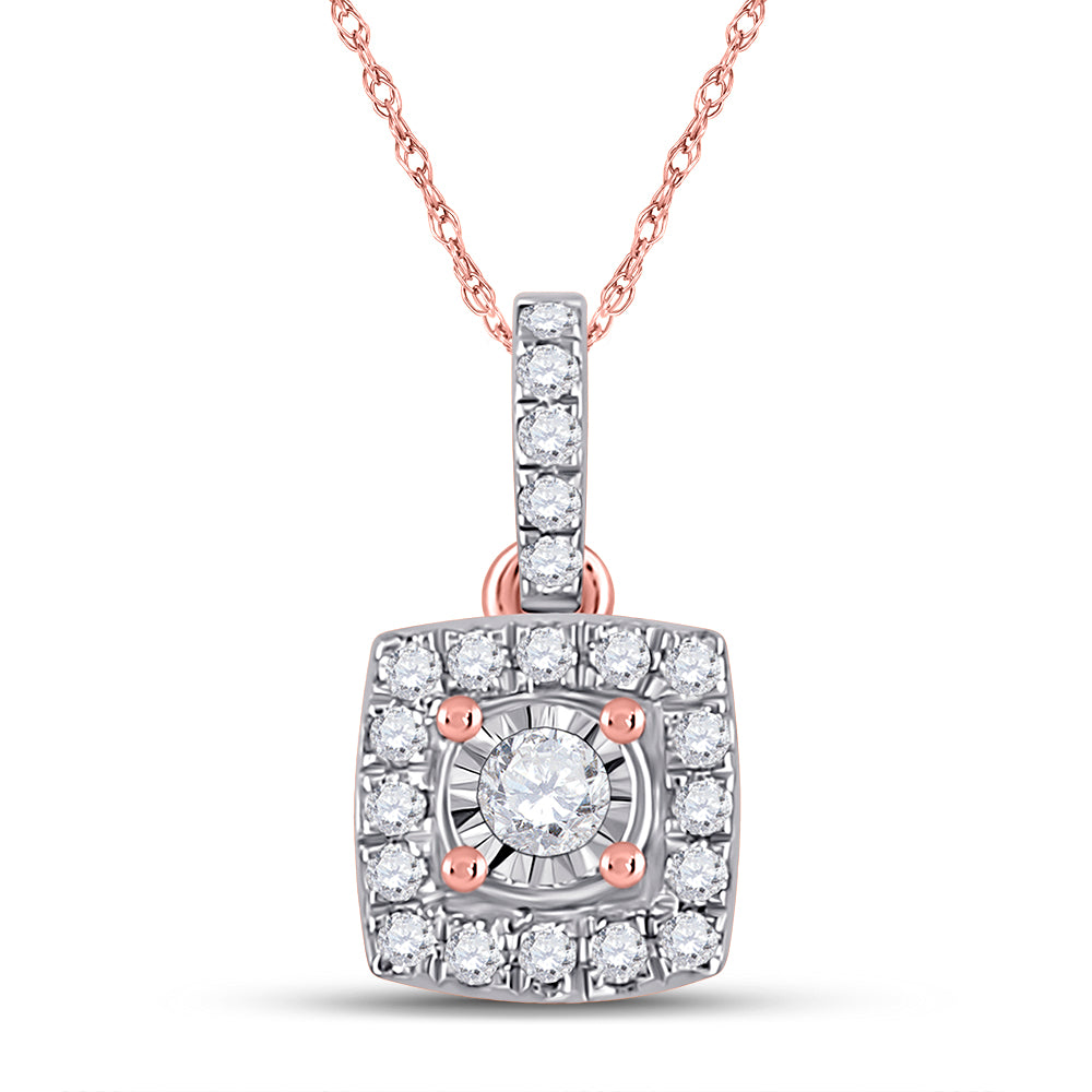 10K Rose Gold Womens Round Diamond Square Pendant 1/6 Cttw