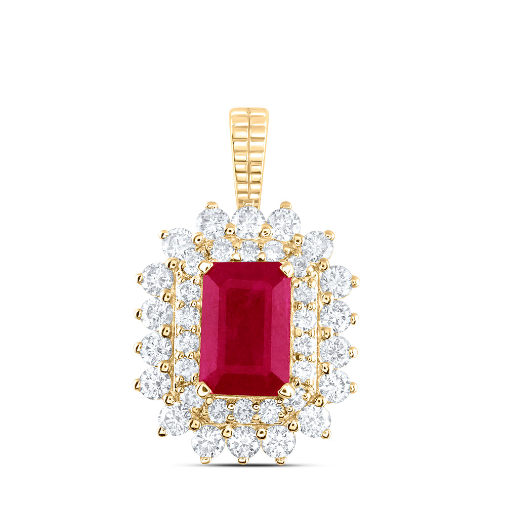 14K Yellow Gold Womens Emerald Ruby Diamond Halo Pendant 7/8 Cttw