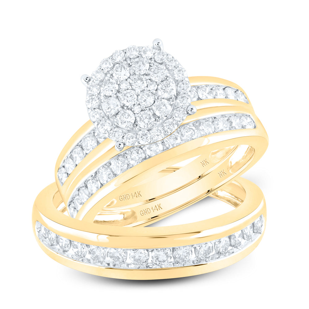 14K Yellow Gold His Hers Round Diamond Cluster Matching Wedding Set 1-1/2 Cttw, Womens Size: 5-10, Mens Size: 7-13