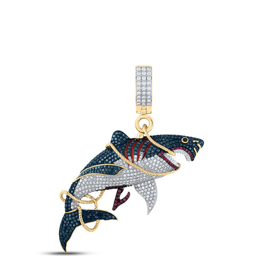 14kt Yellow Gold 2 3/4 Cttw Diamond and 1/4ct-ruby Shark Mens Charm