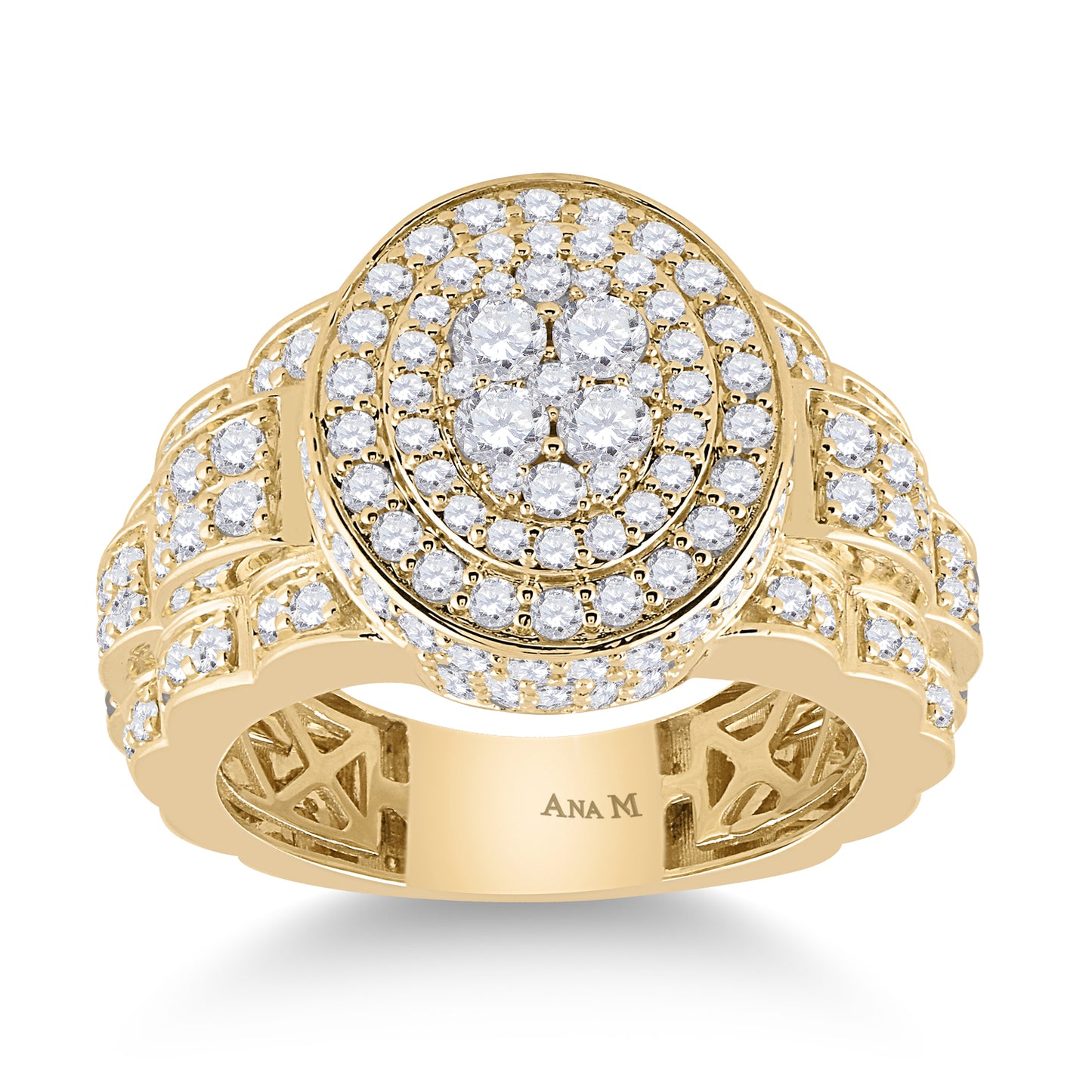 14K Yellow Gold Mens Round Diamond Oval Ring 2-3/4 Cttw, Mens Size: 7-13