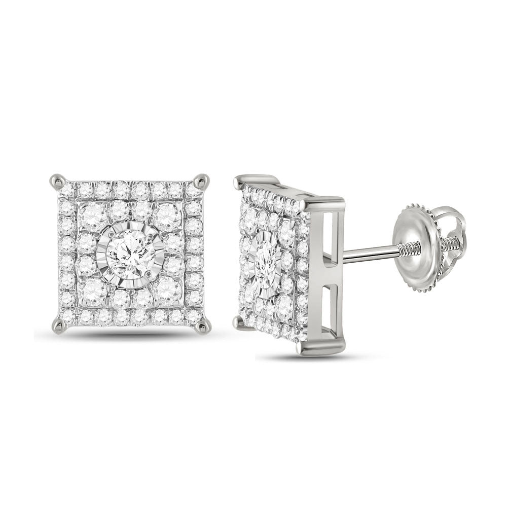 10K White Gold Womens Round Diamond Square Earrings 1/2 Cttw