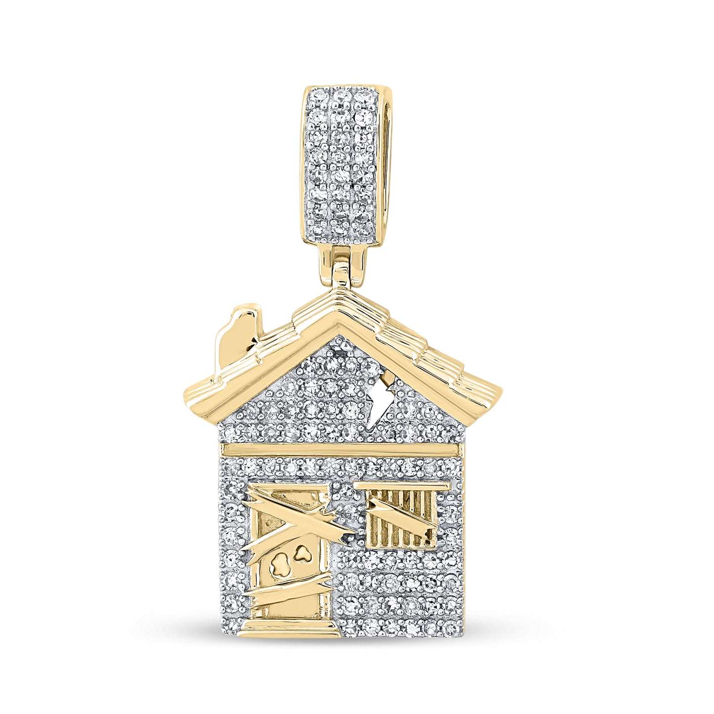 10K Yellow Gold Mens Round Diamond Trap House Charm Pendant 1/2 Cttw