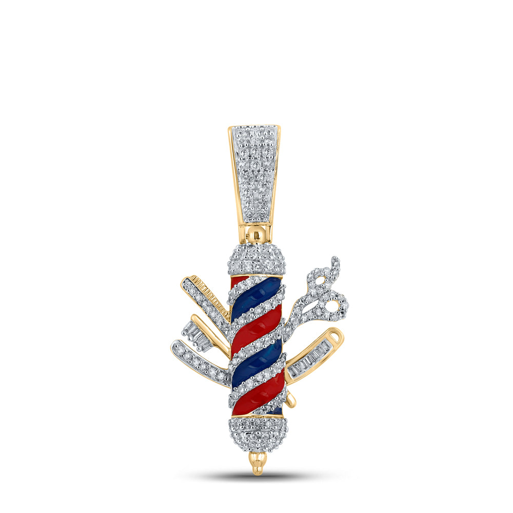 10K Yellow Gold Mens Baguette Diamond Barber Pole Charm Pendant 7/8 Cttw