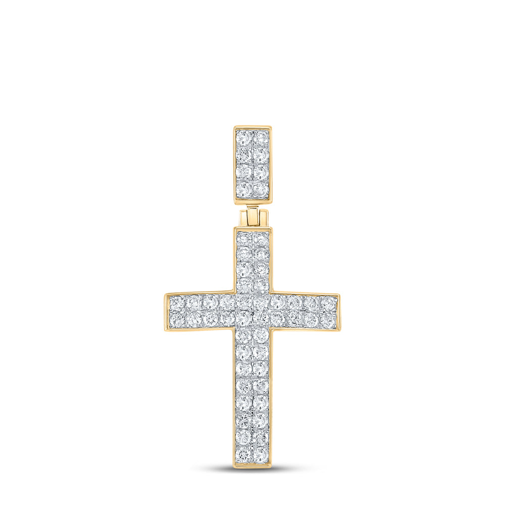 10K Yellow Gold Mens Round Diamond Cross Charm Pendant 1 Cttw, Length: 1.54 In, Width: 0.78 In