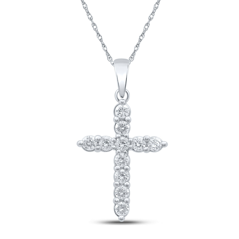 10K White Gold Womens Round Diamond Cross Pendant 1/2ctw