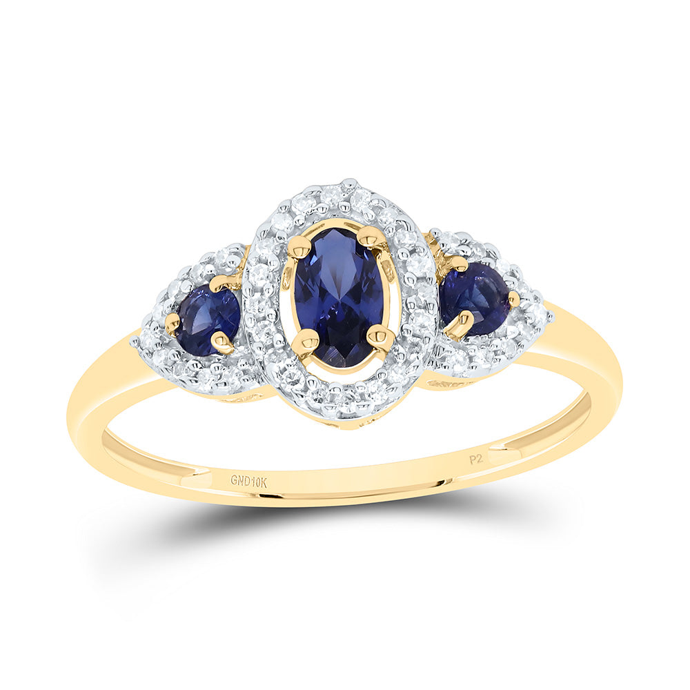 10kt Yellow Gold 1/8 Cttw Diamond and 1/2 Cttw Blue Sapphire Synthetic Wedding Engagement Anniversary Gemstone Ring, Women Size: 5-9