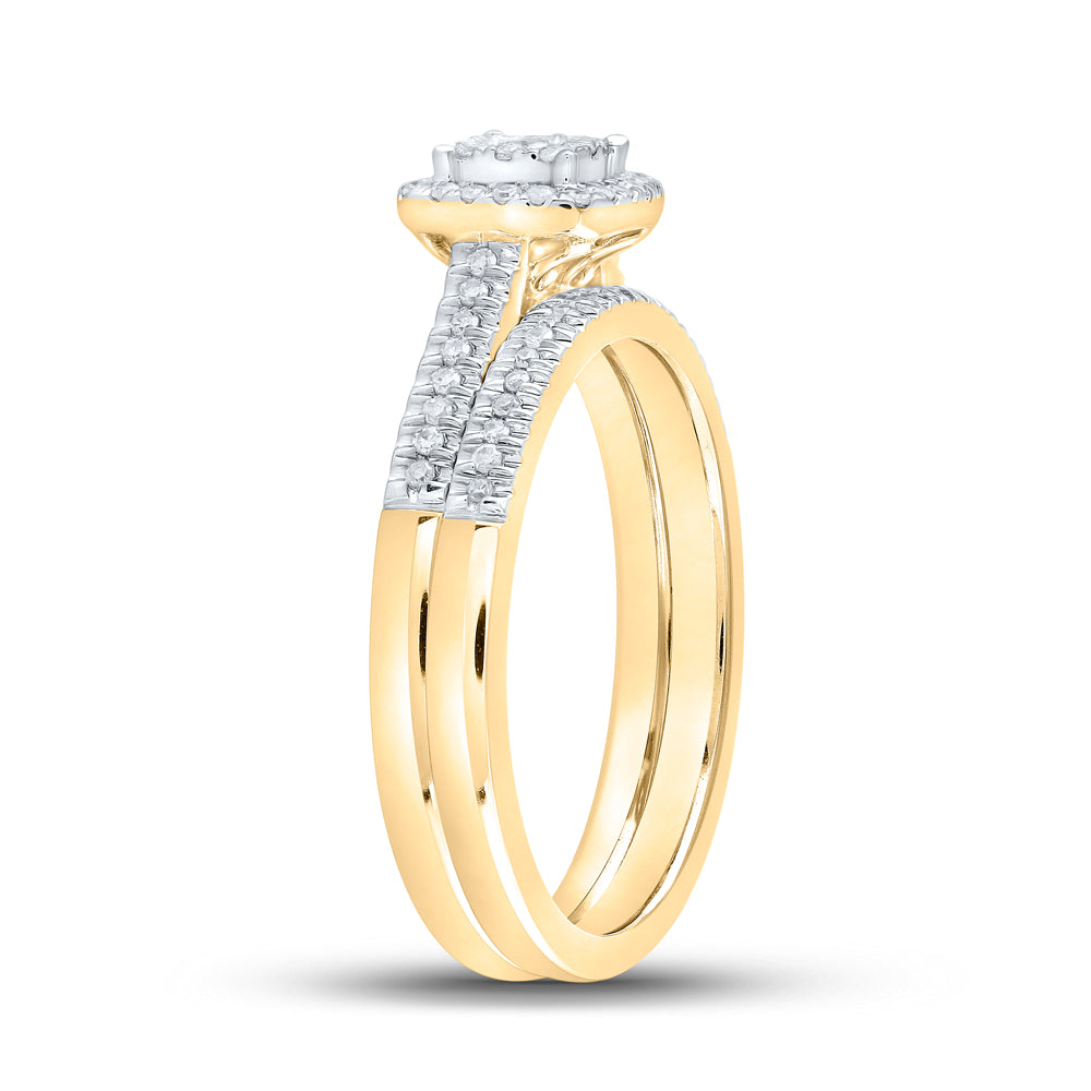 10K Yellow Gold Round Diamond Halo Bridal Wedding Ring Band Set 1/4 Cttw, Womens Size: 5-10