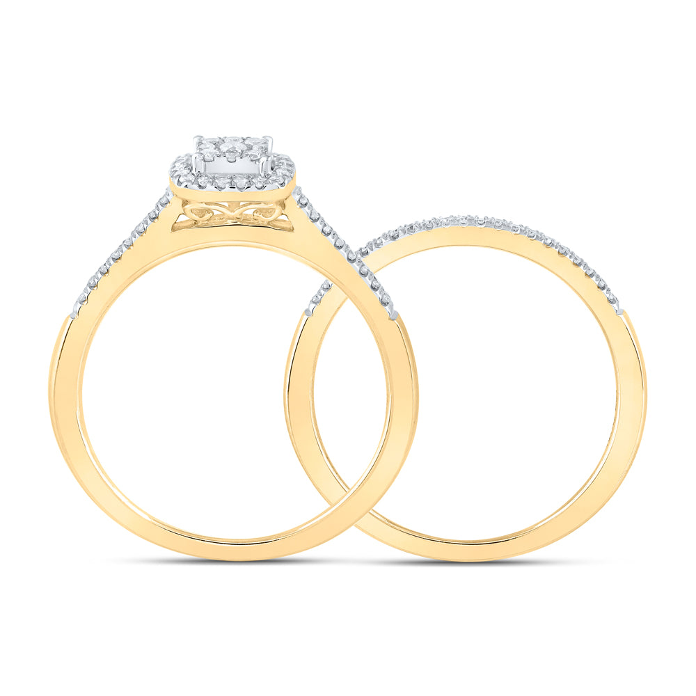 10K Yellow Gold Round Diamond Halo Bridal Wedding Ring Band Set 1/4 Cttw, Womens Size: 5-10
