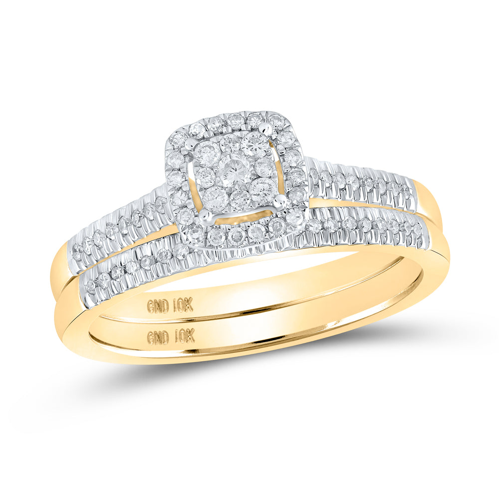 10K Yellow Gold Round Diamond Halo Bridal Wedding Ring Band Set 1/4 Cttw, Womens Size: 5-10