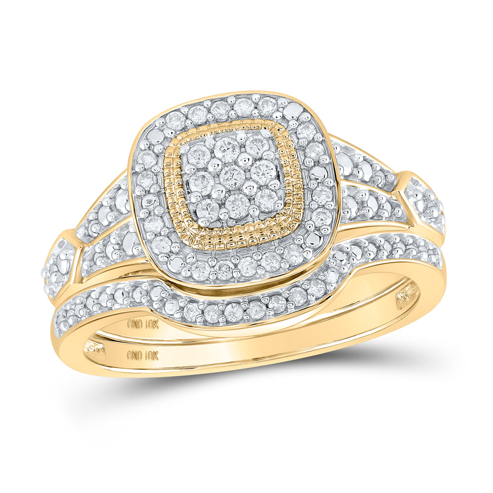10K Yellow Gold Round Diamond Cluster Bridal Wedding Ring Band Set 1/5 Cttw, Womens Size: 5-10