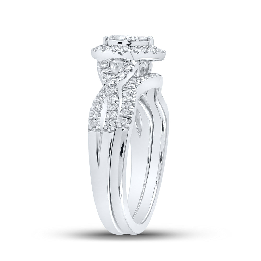10K White Gold Round Diamond Heart Bridal Wedding Ring Band Set 5/8ctw, Womens Size: 5-10
