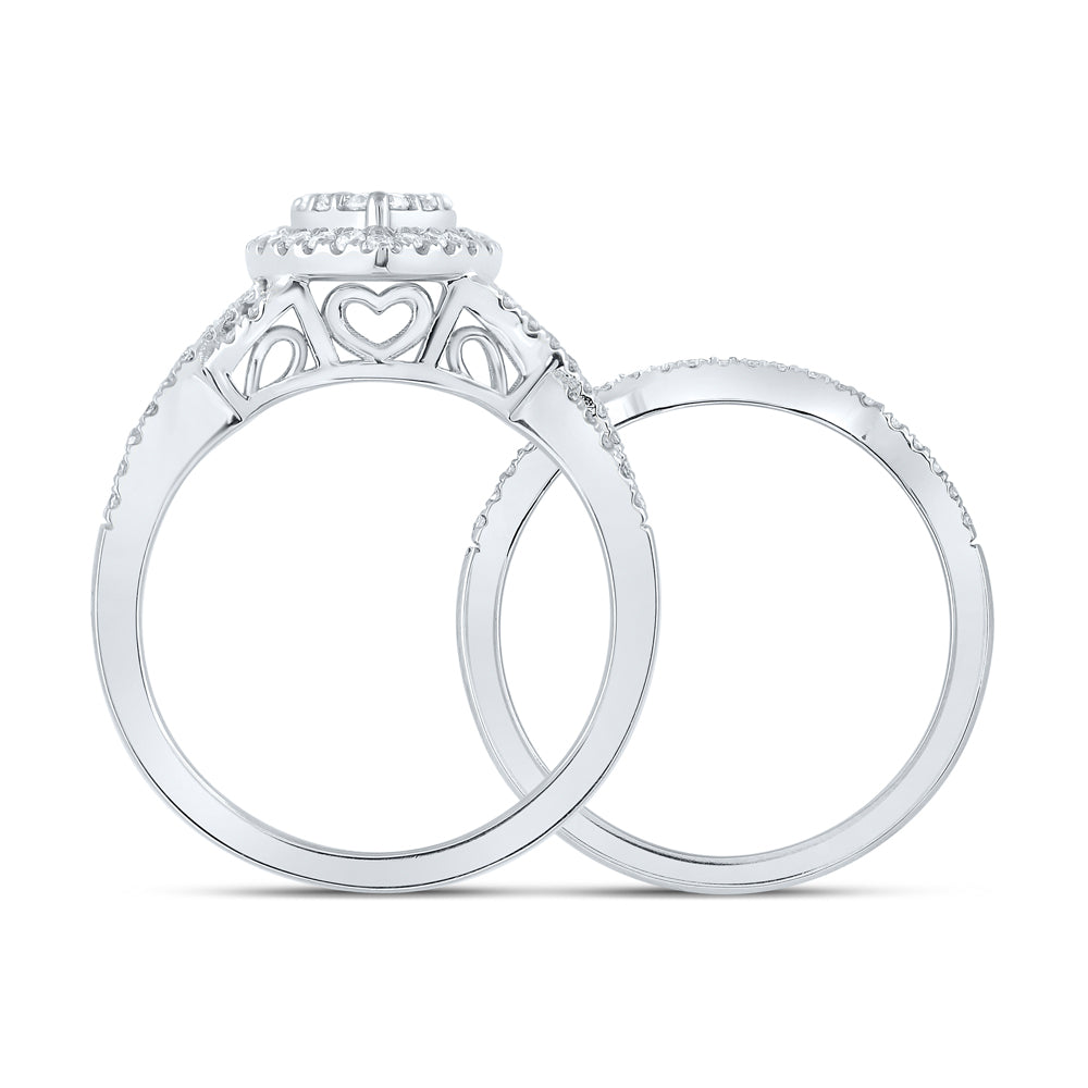 10K White Gold Round Diamond Heart Bridal Wedding Ring Band Set 5/8ctw, Womens Size: 5-10