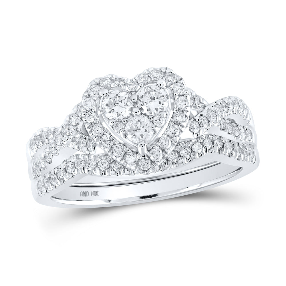 10K White Gold Round Diamond Heart Bridal Wedding Ring Band Set 5/8ctw, Womens Size: 5-10