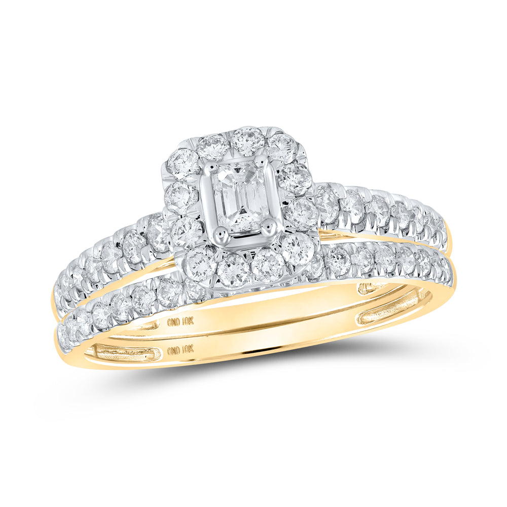 10K Yellow Or White Gold Emerald Diamond Halo Bridal Wedding Ring Band Set 3/4 Cttw, Womens Size: 5-10