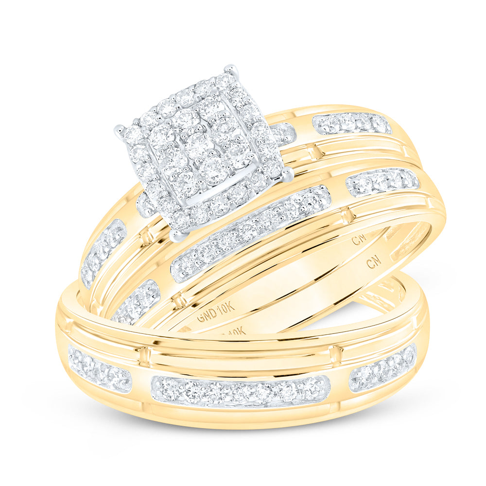 10K White Or Yellow Gold His Hers Round Diamond Cluster Matching Wedding Set , Womens Size: 5-10, Mens Size: 7-13