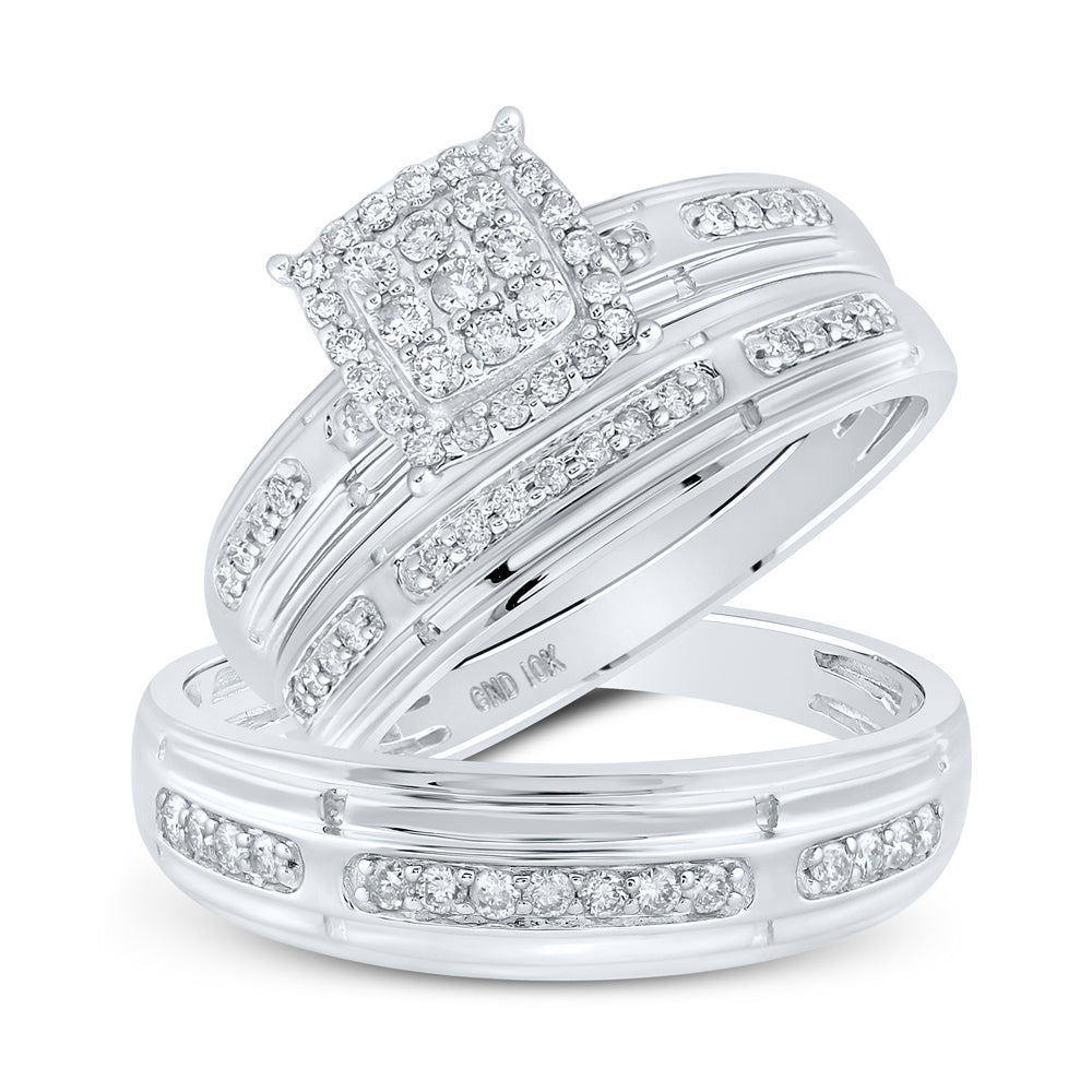 10K White Or Yellow Gold His Hers Round Diamond Cluster Matching Wedding Set , Womens Size: 5-10, Mens Size: 7-13
