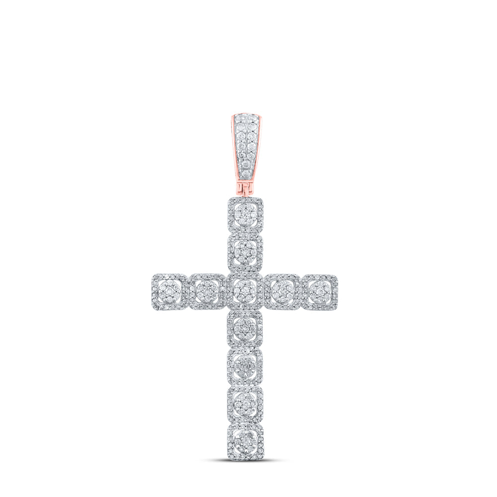 10K Rose Gold Mens Round Diamond Cross Charm Pendant 1-1/2 Cttw