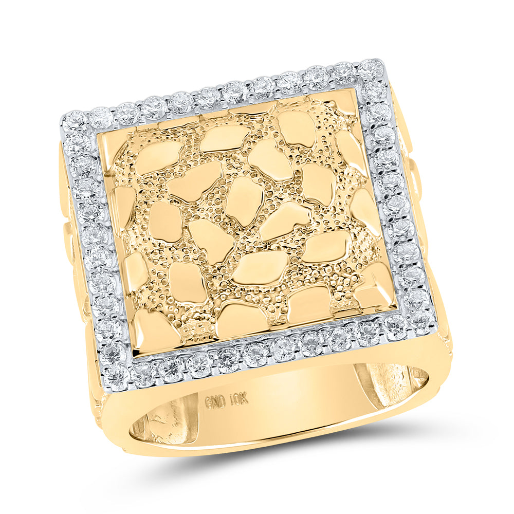 10K Yellow Gold Mens Round Diamond Nugget Square Ring 7/8 Cttw, Mens Size: 7-13