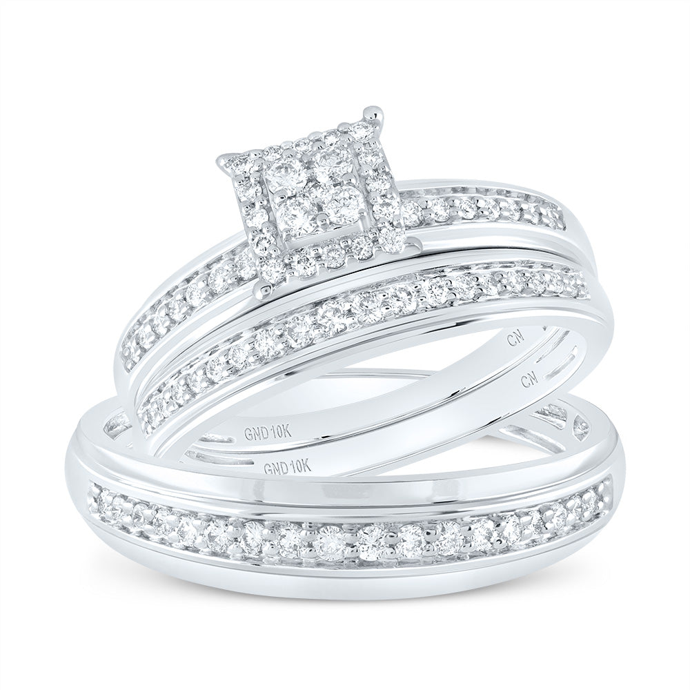 10K White Gold His Hers Round Diamond Square Matching Wedding Set 1/2 Cttw, Womens Size: 5-10, Mens Size: 7-13