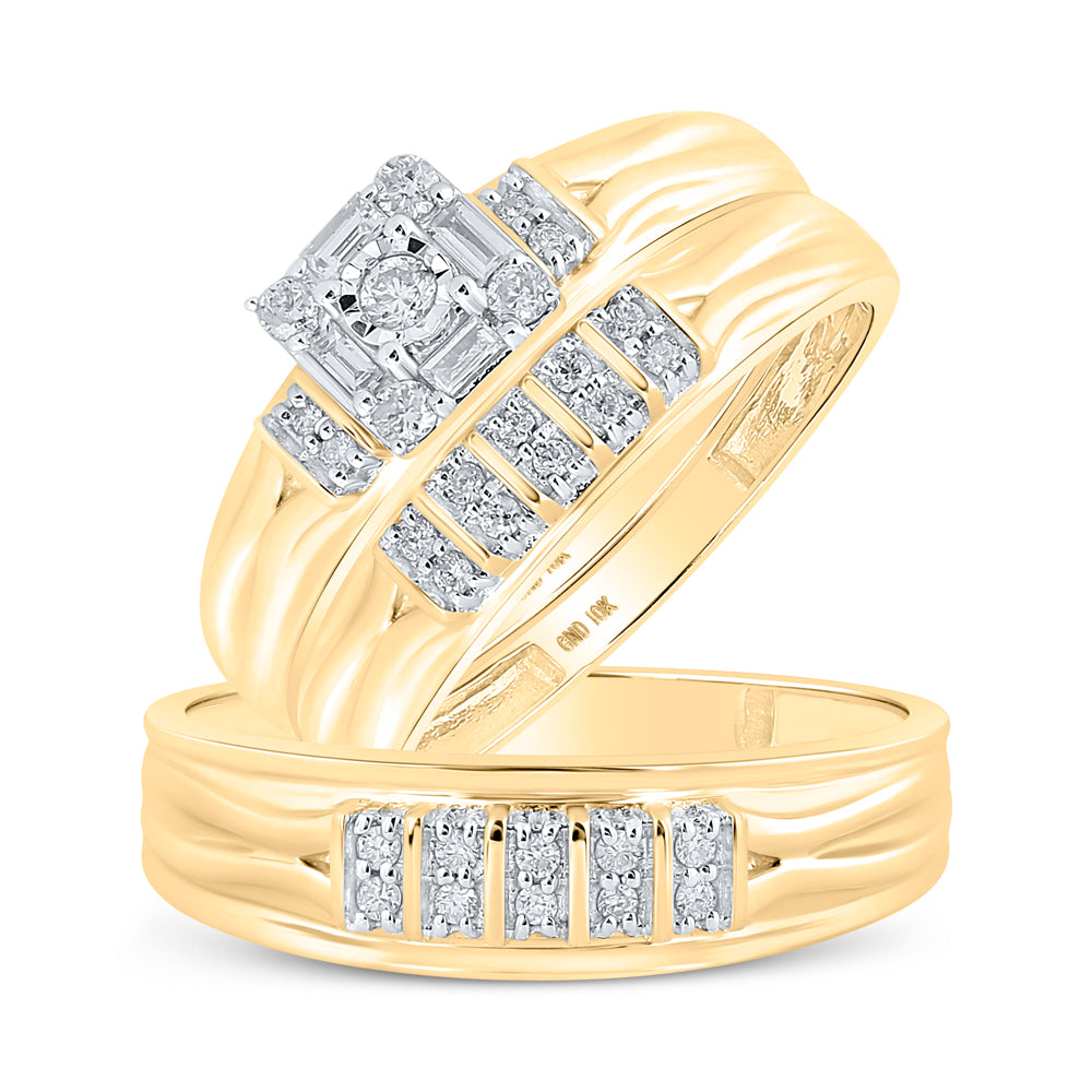 10K Yellow Gold His Hers Round Diamond Square Matching Wedding Set 1/3 Cttw, Womens Size: 5-10, Mens Size: 7-13