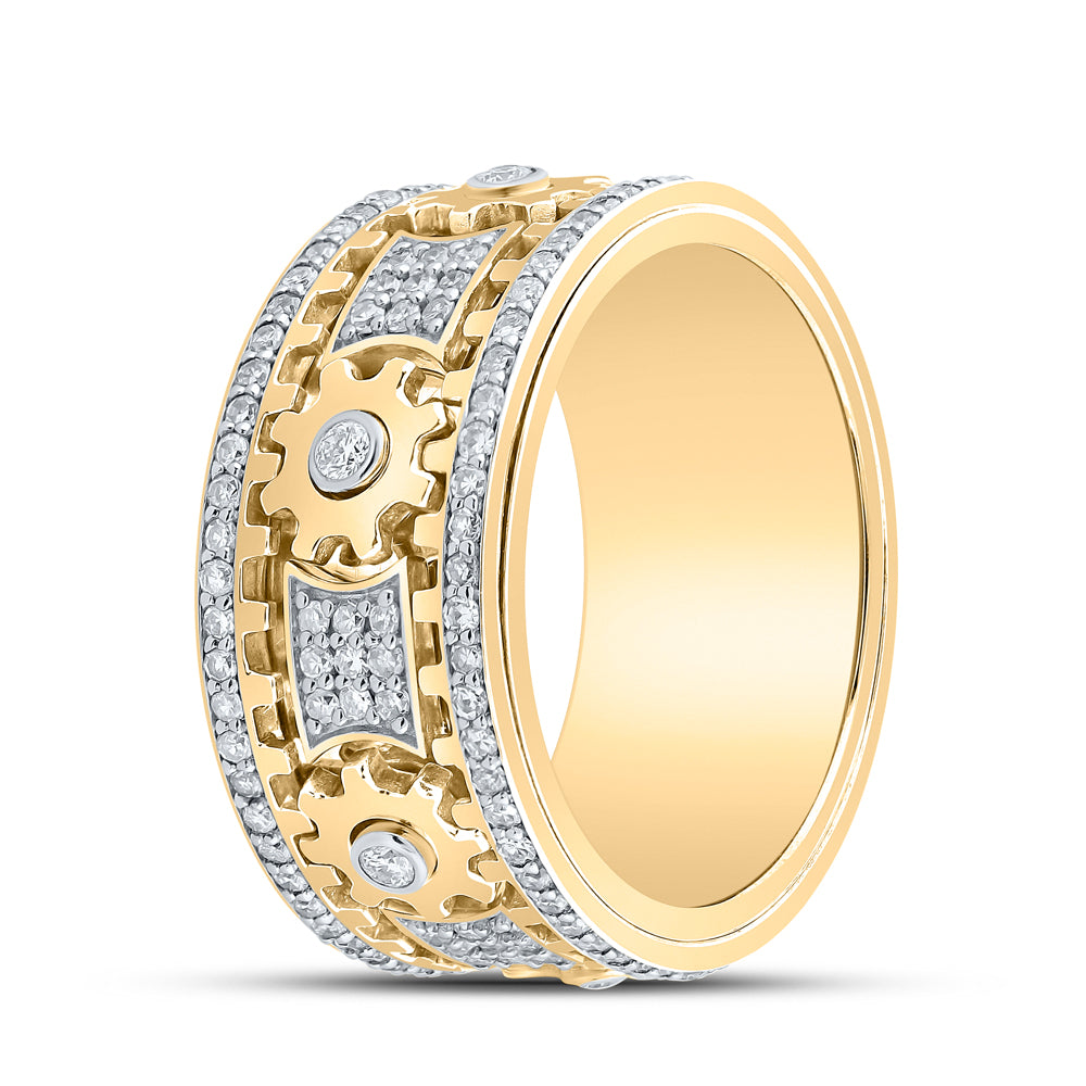 10K Yellow Gold Mens Round Diamond Cog Band Ring 1-1/2 Cttw, Mens Size: 7-13