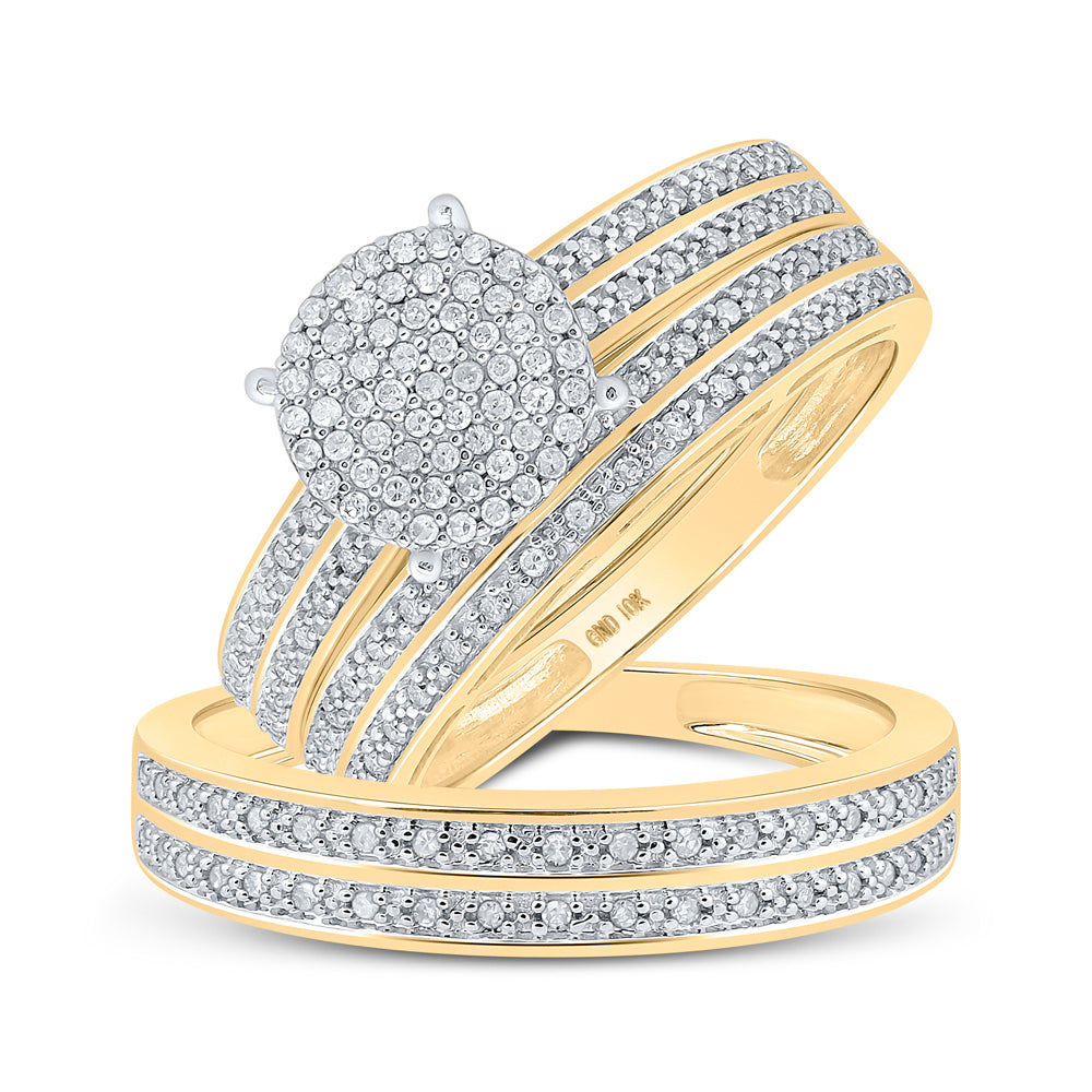 10K Yellow Gold His Hers Round Diamond Cluster Matching Wedding Set 3/8ctw, Womens Size: 5-10, Mens Size: 7-13