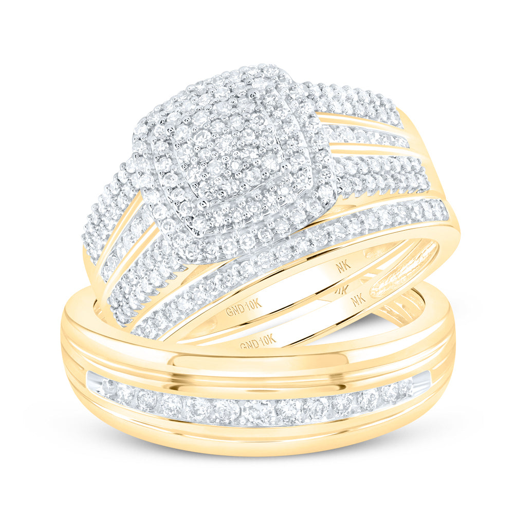 10K Yellow Or White Or Rose Gold His Hers Round Diamond Cluster Matching Wedding Set 3/4 Cttw, Womens Size: 5-10, Mens Size: 7-13