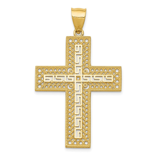 14K Yellow Gold Greek Key Filigree Cross Pendant