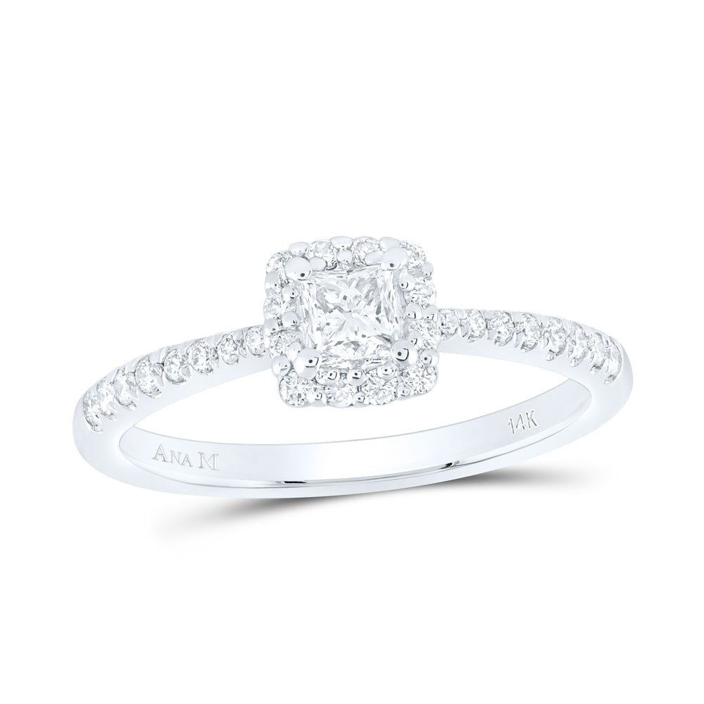 14kt White Gold 1/2 Cttw Diamond Ana M and 1/3 cttw  Wedding Engagement Anniversary Single Halo Ring, Women Size: 5-9