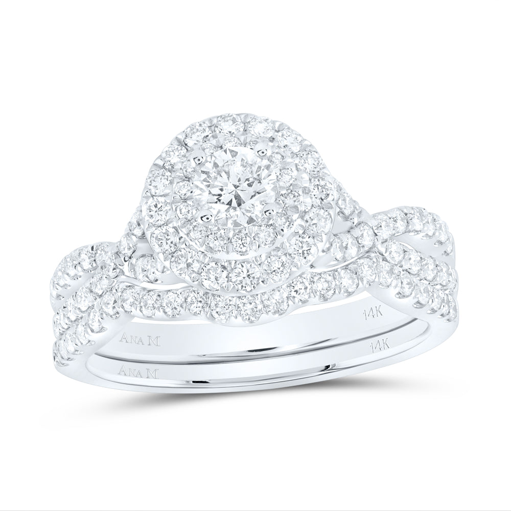 14kt White Gold 1 Cttw Diamond Ana M and 1/3 Cttw Round Wedding Engagement Anniversary Bridal Set Double Halo, Women Size: 5-9