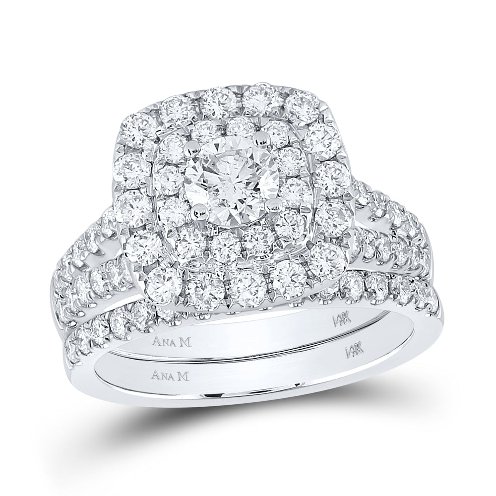 14K White Gold Round Diamond Square Halo Bridal Wedding Ring Band Set 2 Cttw, Womens Size: 5-10