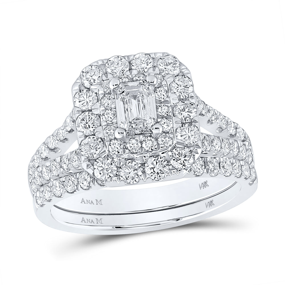 14K White Gold Emerald Diamond Halo Bridal Wedding Ring Band Set 2ctw, Women's Size: 5-10