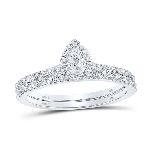 14kt White Gold 1/2 Cttw Diamond Ana M and 1/5 Cttw Pear Wedding Engagement Anniversary Bridal Set Single Halo, Women Size: 5-9