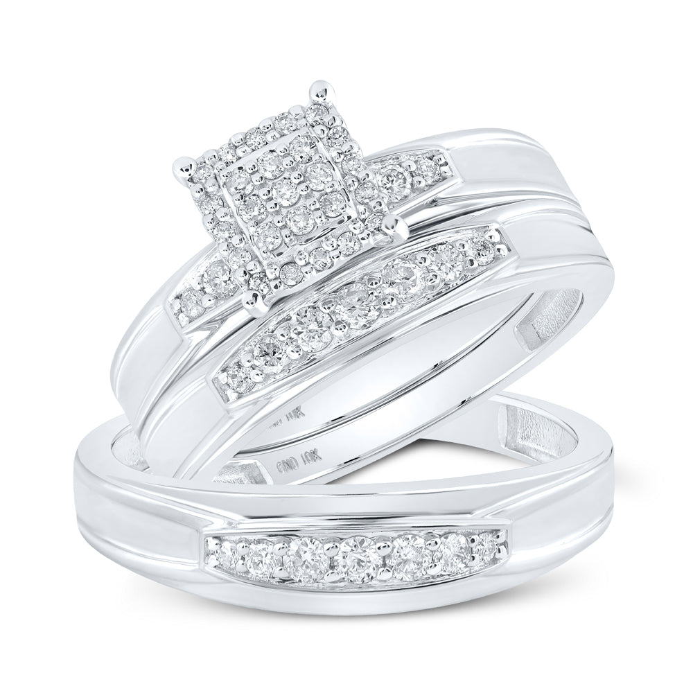10K White Gold His Hers Round Diamond Square Matching Wedding Set 1/2ctw, Womens Size: 5-10, Mens Size: 7-13