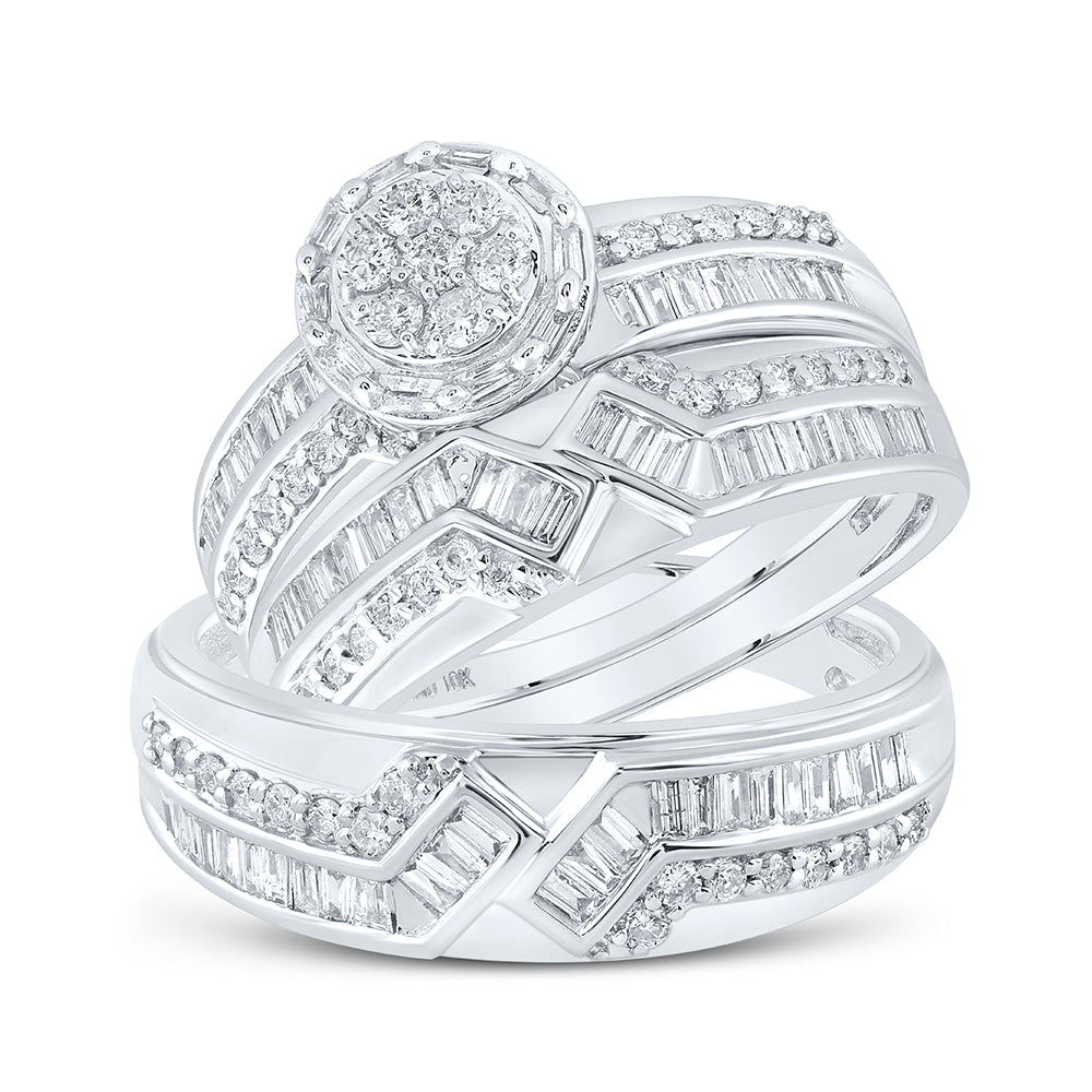 10K White Gold His Hers Round Diamond Cluster Matching Wedding Set , Womens Size: 5-10, Mens Size: 7-13
