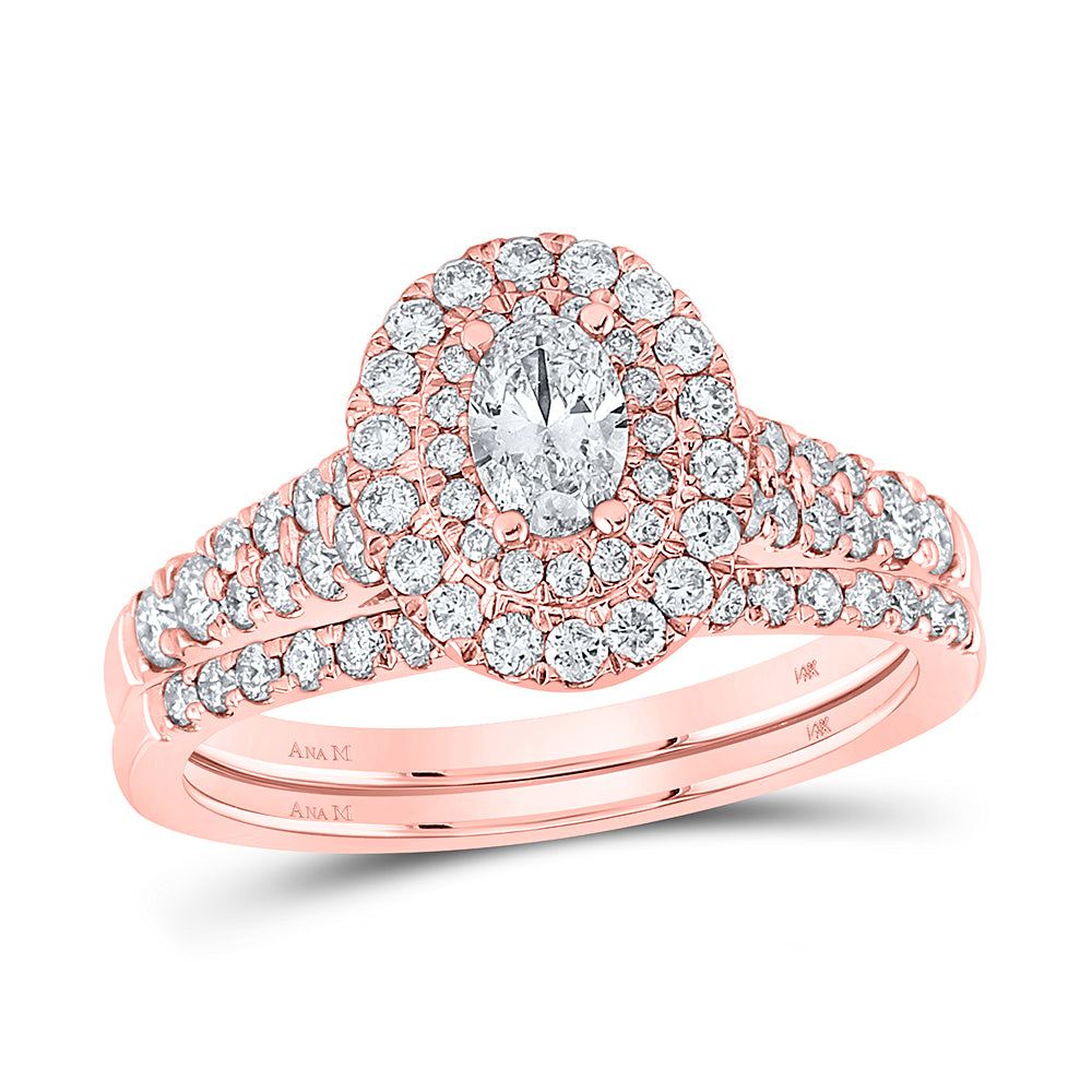 14kt Rose Gold 1 Cttw Diamond Ana M and 1/3ct-coval Wedding Engagement Anniversary Bridal Set Double Halo, Women Size: 5-9