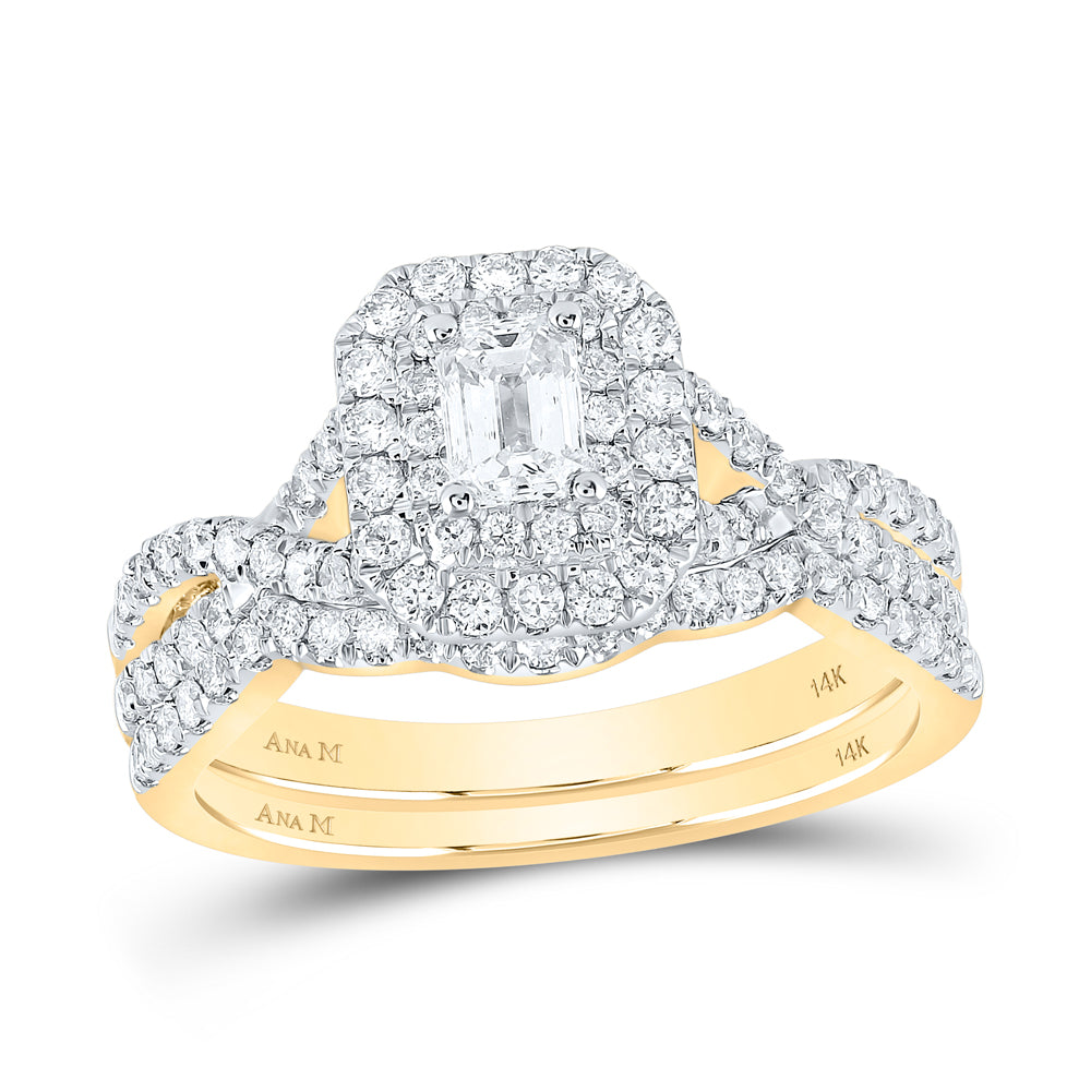 14kt Yellow Gold 1 Cttw Diamond Ana M and 1/3 Cttw Emerald Wedding Engagement Anniversary Bridal Set Double Halo, Women Size: 5-9
