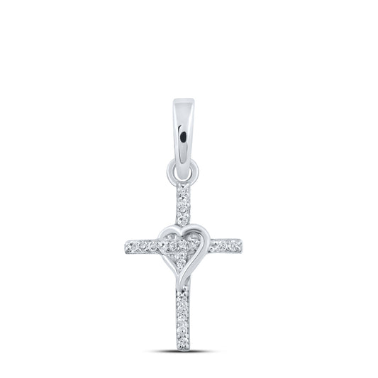 10kt White Gold 1/20 Cttw Diamond Heart Cross Pendant