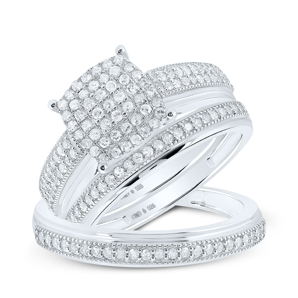 Sterling Silver His Hers Round Diamond Cluster Matching Wedding Set 3/4 Cttw, Womens Size: 5-10, Mens Size: 7-13