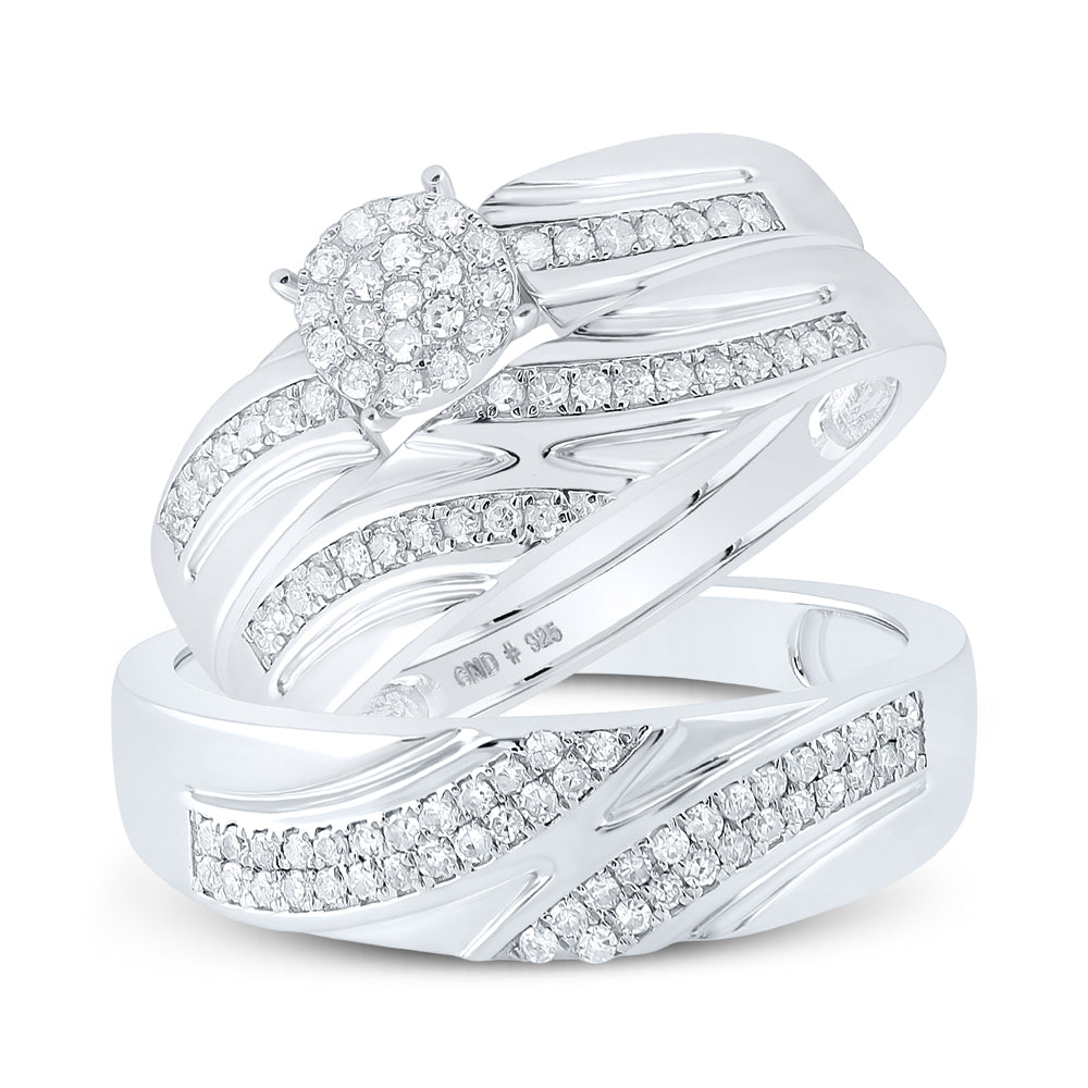 Sterling Silver His Hers Round Diamond Cluster Matching Wedding Set 1/2ctw, Womens Size: 5-10, Mens Size: 7-13