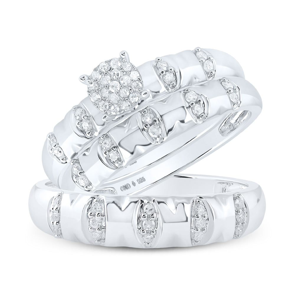 Sterling Silver His Hers Round Dia. Cluster Matching Wedding Set 1/4ctw, Women's Size: 5-10, Men's Size: 7-13