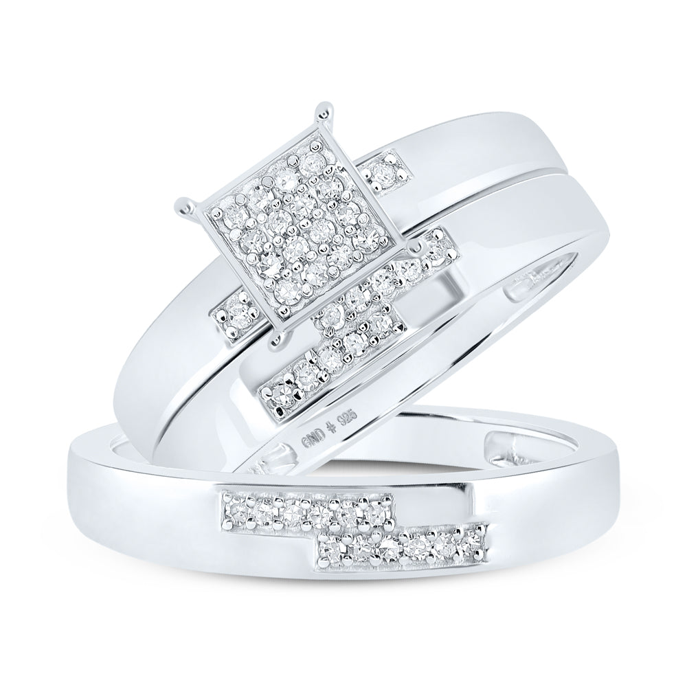 Sterling Silver His Hers Round Diamond Square Matching Wedding Set 1/4ctw, Womens Size: 5-10, Mens Size: 7-13