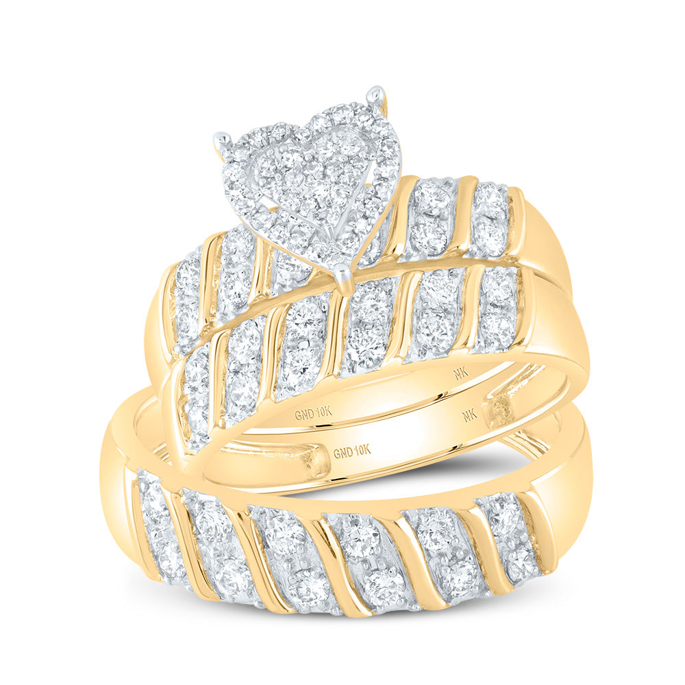 10K White Or Yellow Gold His Hers Round Diamond Heart Matching Wedding Set , Womens Size: 5-10, Mens Size: 7-13