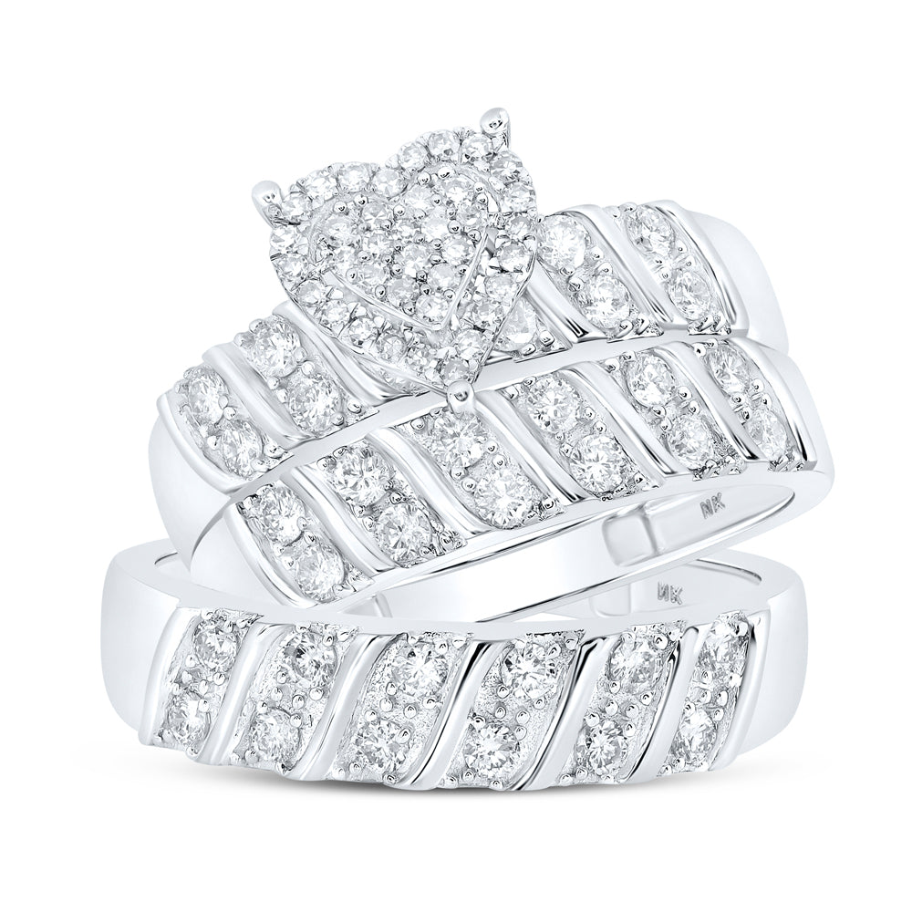 10K White Or Yellow Gold His Hers Round Diamond Heart Matching Wedding Set , Womens Size: 5-10, Mens Size: 7-13