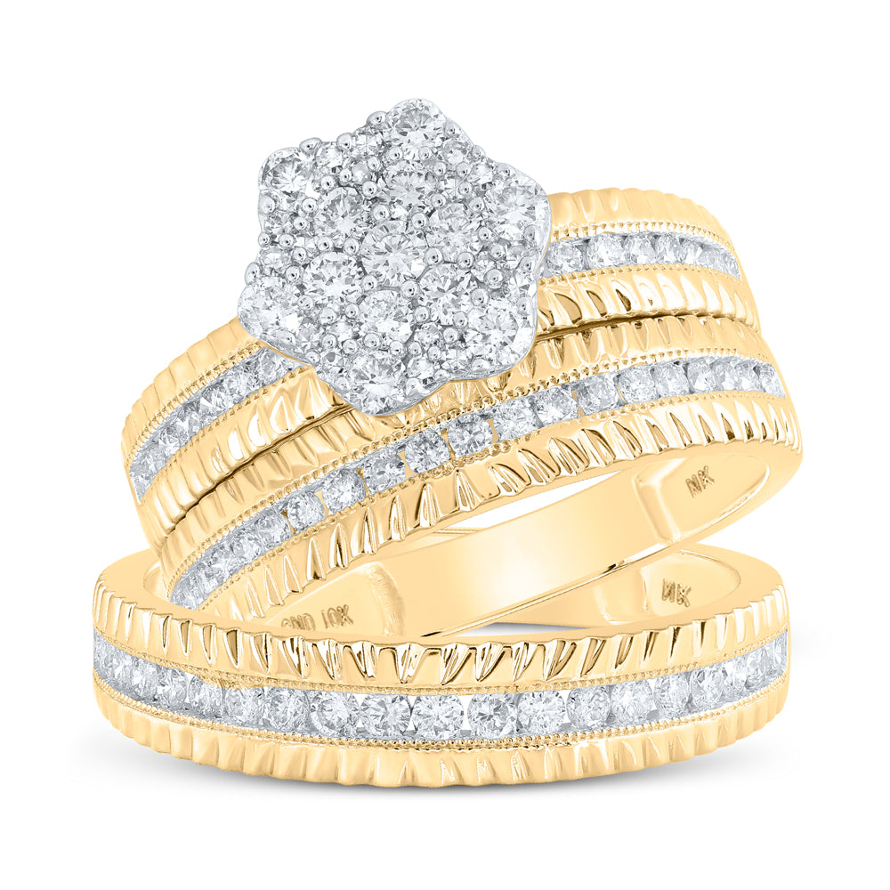 10K Yellow Gold His Hers Round Dia. Cluster Matching Wedding Set 1ctw, Women's Sz: 5-10, Men's Sz: 7-13