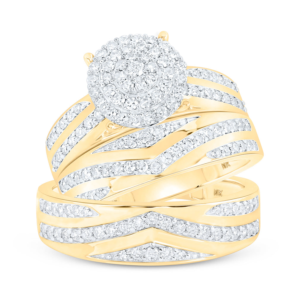 10K White Or Yellow Gold His Hers Round Diamond Cluster Matching Wedding Set, Womens Size: 5-10, Mens Size: 7-13