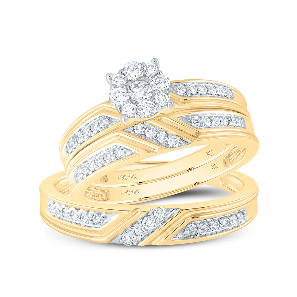 10K Yellow Gold His Hers Round Dia. Cluster Matching Wedding Set 1/2ctw, Women's Sz: 5-10, Men's Sz: 7-13