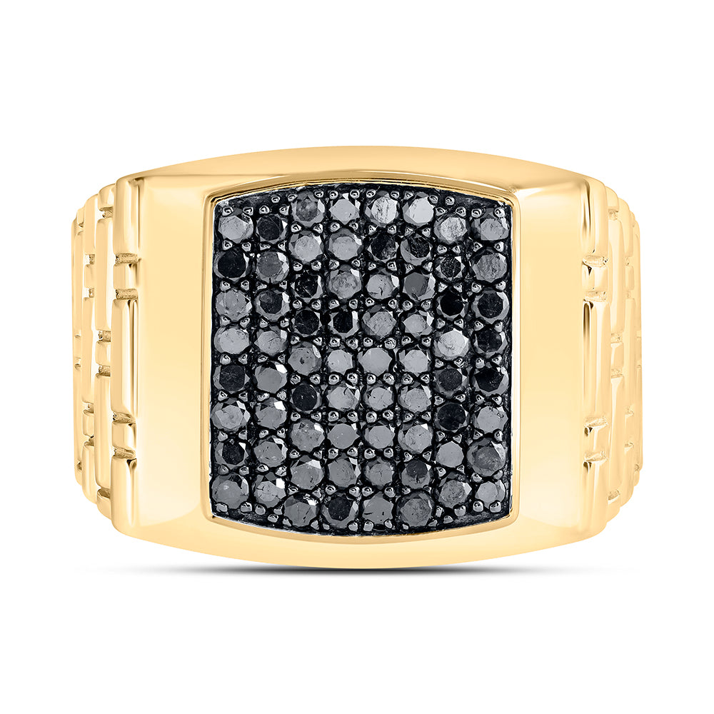 10K Yellow Gold Mens Round Black Color Treated Diamond Square Ring 1-1/2 Cttw, Mens Size: 7-13