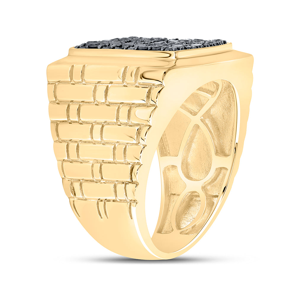 10K Yellow Gold Mens Round Black Color Treated Diamond Square Ring 1-1/2 Cttw, Mens Size: 7-13